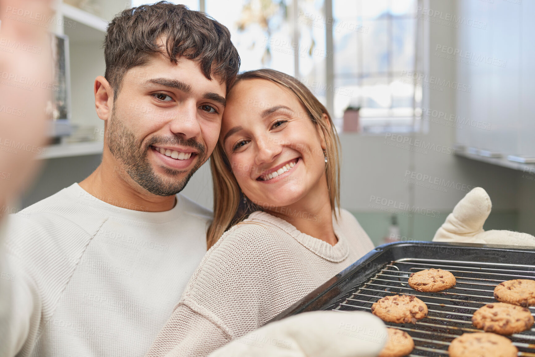 Buy stock photo Kitchen, selfie and couple baking cookies together for love, bonding and romance at home. Bake, smile and portrait happy man and woman preparing biscuits or snacks for fun, event or dessert at house.