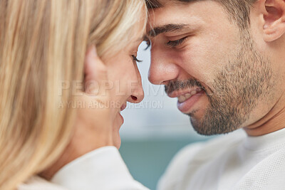 Buy stock photo Couple, faces and love of young people together with happiness showing care and support. Trust, face holding and man with woman feeling happy with romance and a smile loving close relationship