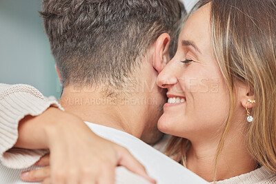 Buy stock photo Love, couple and hug with smile, relationship in quality time in real marriage, happiness and joyful. Romance, man and woman embrace, romantic and dating with affection, support and cheerful together