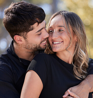 Buy stock photo Love, couple outdoor and hug with smile, celebration and dating on Valentines day, joyful and romance. Romantic, happy man and woman with happiness, break and loving with embrace, bonding or marriage