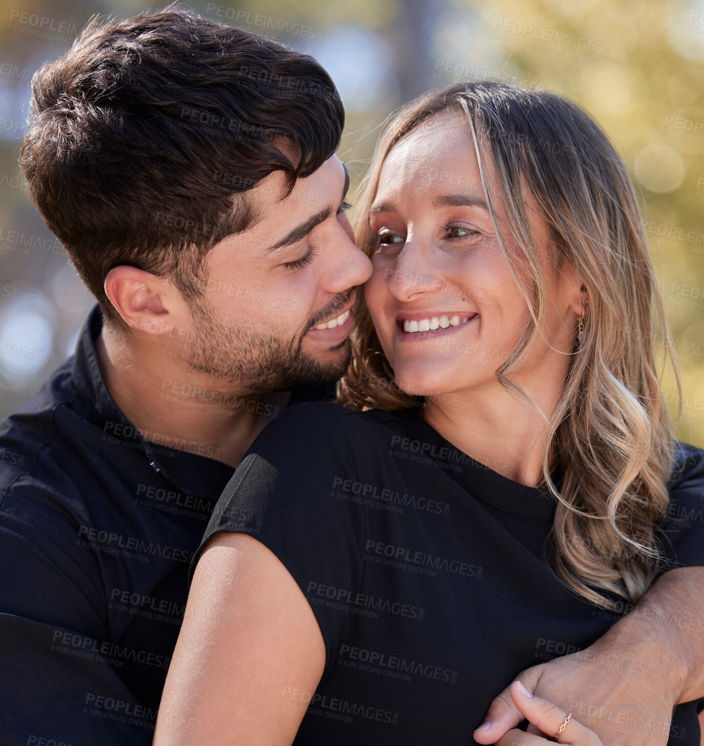 Buy stock photo Love, couple outdoor and hug with smile, celebration and dating on Valentines day, joyful and romance. Romantic, happy man and woman with happiness, break and loving with embrace, bonding or marriage
