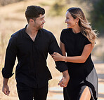 Love, couple and date outdoor, marriage and happiness for bonding, dating and relationship. Romance, man and woman with smile, black outfits or celebration for anniversary, joyful or cheerful outside