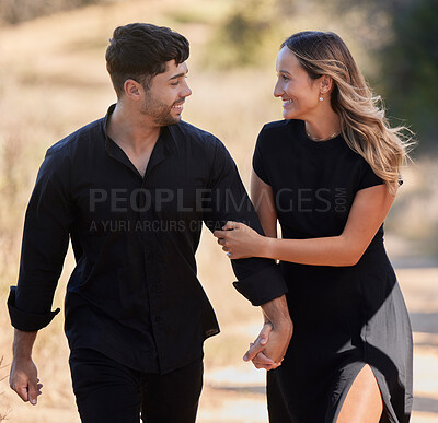 Buy stock photo Love, real couple and date outdoor, marriage and happiness for bonding, dating and relationship. Romance, man and woman with smile, black outfits or celebration for anniversary, joyful or cheerful