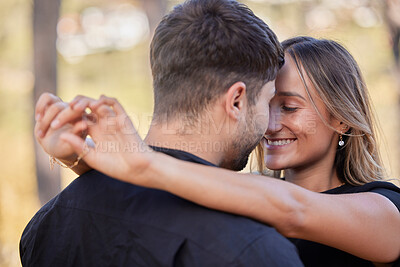 Buy stock photo Love, park and couple hug on date for anniversary celebration, holiday and quality time in nature. Relationship, dating and happy man and woman embrace, hugging and intimate for bonding and affection