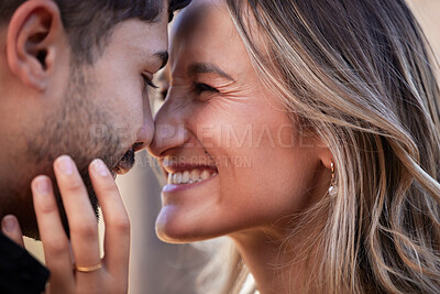 Buy stock photo Couple, forehead touch and laughing together with happiness, comic moment or romance outdoor for date. Man, woman and funny time with love, care or happy in nature close up with hand, face and crazy
