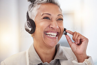 Buy stock photo Call center consulting, face and senior woman telemarketing on contact us CRM or telecom. Happy customer service, ecommerce communication and information technology consultant talking on microphone