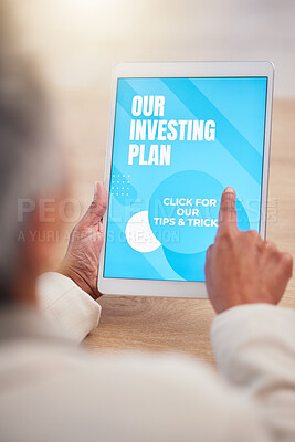 Buy stock photo Hand, tablet screen or woman for investment planning, economy mobile app or tax research in office. Budget, finger or elderly on tech for trading strategy, stock market schedule or finance review