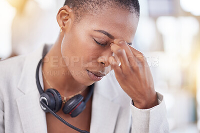 Buy stock photo Customer service consultant, headache and woman burnout from telemarketing on contact us CRM or African telecom. Tired call center face, ecommerce and information technology consulting on microphone