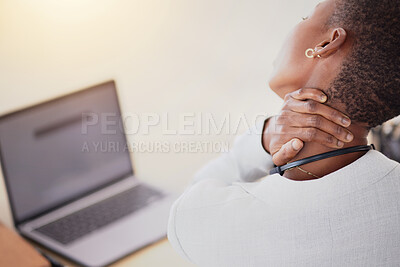 Buy stock photo Back, business and black woman with neck pain, burnout and tired in workplace, overworked and frustrated. Laptop, headset and African American female employee with muscle strain, tension and stress
