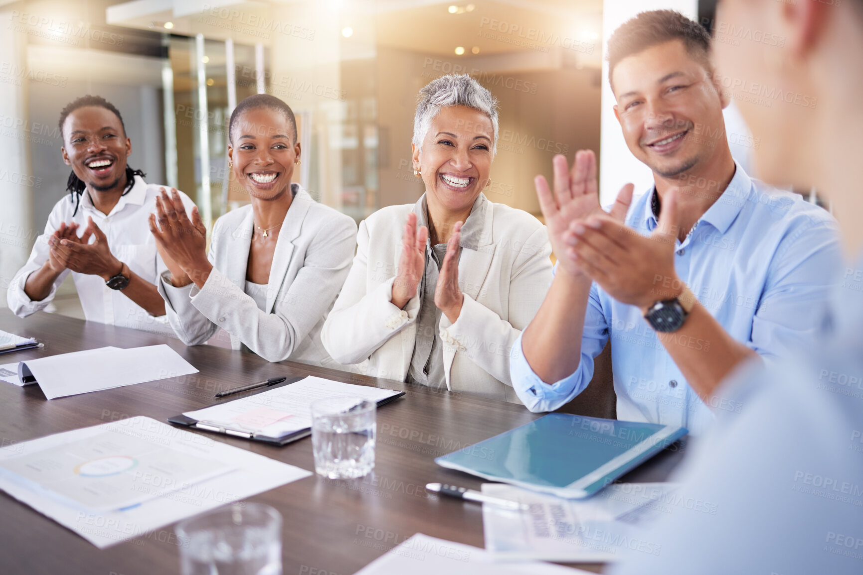 Buy stock photo Presentation, applause and happy business people in meeting for goals, sales target and marketing strategy. Teamwork, celebration and group of workers clapping hands for success, victory and support