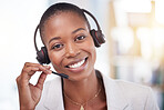 Customer service consultant, face portrait and happy woman telemarketing on contact us CRM or telecom. Call center communication, African ecommerce and information technology consulting on microphone