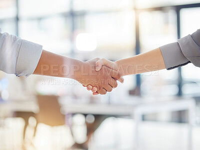 Buy stock photo Handshake closeup, partnership and business meeting, collaboration or b2b welcome, thank you and success. People shaking hands for job interview, career promotion or hiring deal in office emoji sign