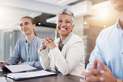 Buy stock photo Business woman, smile and portrait in meeting with team, employees or staff in office of success. Happy mature female executive working in management, collaboration and leadership of company workshop
