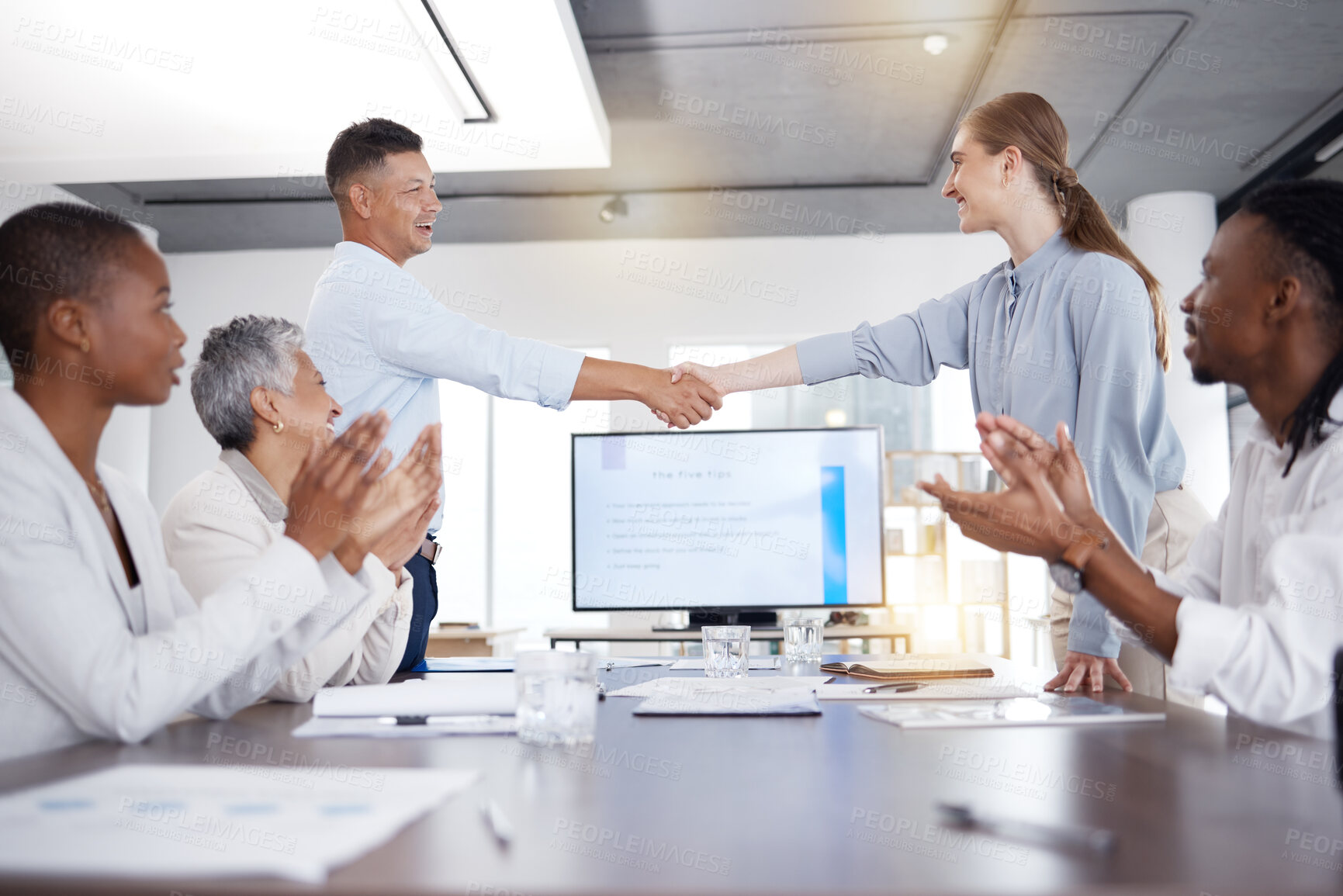Buy stock photo Handshake, congratulations meeting and people success, celebration or applause of career goals, target or sales. Business teamwork, shaking hands and clapping in partnership, promotion or achievement