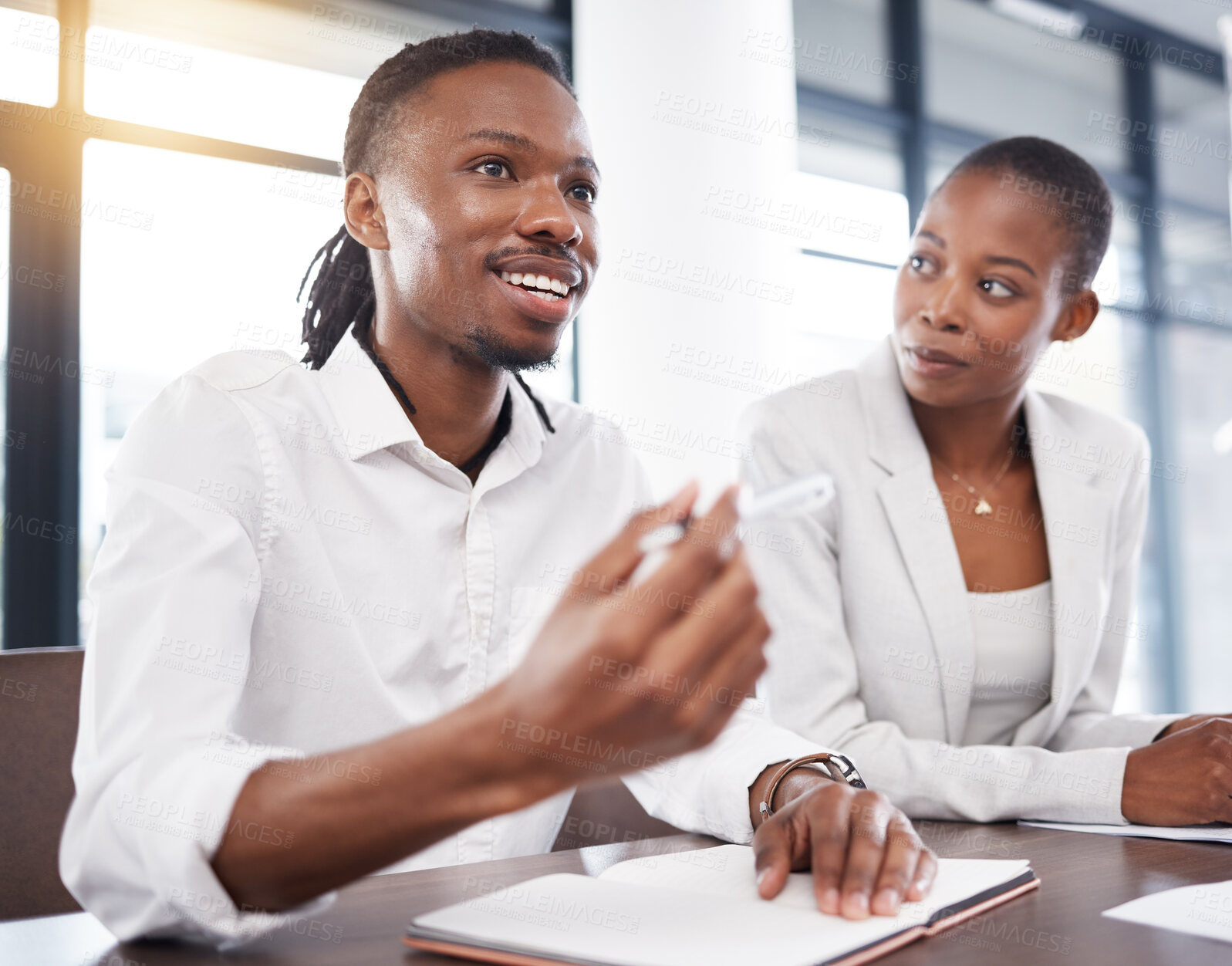 Buy stock photo Business, talking and black man in meeting with documents for marketing strategy, planning and ideas. Leadership, teamwork and workers in discussion for finance review, paperwork and project
