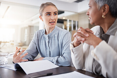 Buy stock photo Meeting, discussion and business women with documents for marketing strategy, planning and ideas. Teamwork, partnership and female workers in conversation for company review, paperwork and proposal