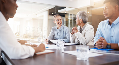 Buy stock photo Office, discussion and business people in meeting for planning, marketing strategy and ideas. Teamwork, collaboration and group of workers in conversation for financial review, paperwork and project