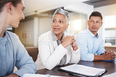 Buy stock photo Meeting, discussion and business people with documents for marketing strategy, planning and ideas. Teamwork, partnership and manager talking to workers for financial review, paperwork and project