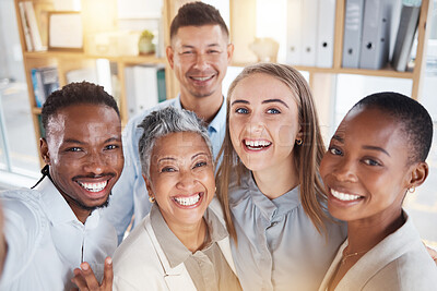Buy stock photo Selfie, bonding and portrait of business people at work for team building, fun and collaboration. Friends, teamwork and happy employees smiling for a photo, office memory and diversity together