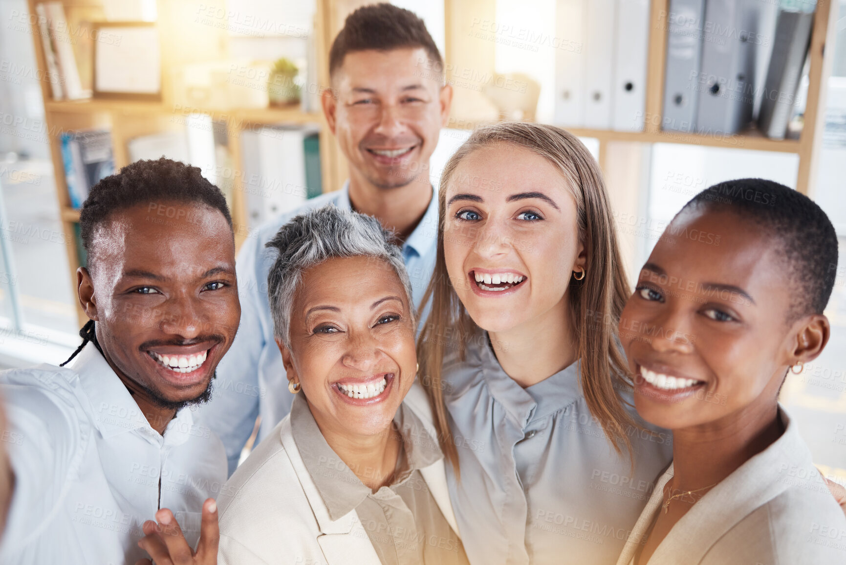 Buy stock photo Selfie, bonding and portrait of business people at work for team building, fun and collaboration. Friends, teamwork and happy employees smiling for a photo, office memory and diversity together