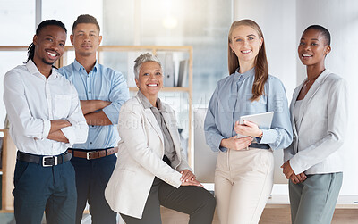 Buy stock photo Diversity, portrait and business with staff, teamwork and partnership in modern office, planning and confident. Coworkers, multiracial and employees in workplace, brainstorming and new project ideas