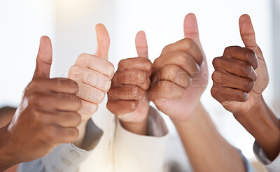 Buy stock photo Thumbs up, diversity and people with success in the office for team building, collaboration or teamwork. Multiracial, business and hands of employees with an agreement, yes or ok gesture in workplace