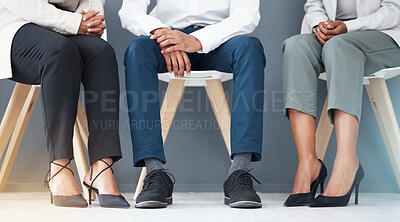 Buy stock photo Hiring, legs and recruitment waiting room of business people for job interview with human resources. Company hr choice, vacancy candidate and office employment search for agent, worker or employee
