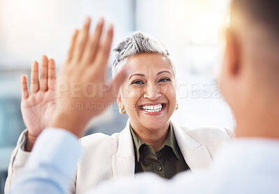 Buy stock photo Business, woman and employees with high five, celebration and achievement in office. Female leader, happy manager and staff with gesture for partnership, teamwork and collaboration for new project