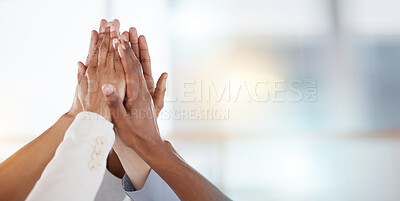 Buy stock photo High five, business team and collaboration success of staff in office with mock up. Company, staff and hands together for solidarity, motivation and support with blurred background and mockup