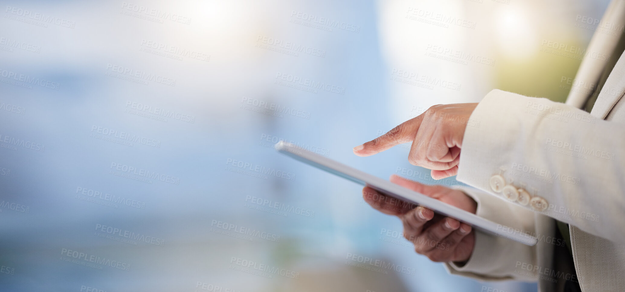 Buy stock photo Hands, tablet and planning strategy for digital marketing, advertising or social media against blurred background. Hand of employee manager holding touchscreen for online browsing or plan on mockup