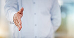 Hand, handshake and partnership for greeting, introduction or meeting in b2b, unity or deal agreement at office. Employee showing gesture for shaking hands in support, welcome or thank you promotion