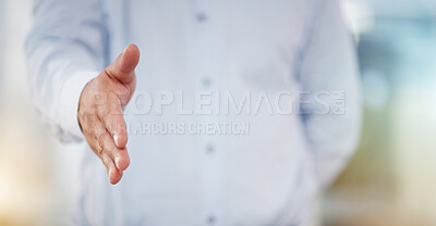 Buy stock photo Hand, handshake and partnership for greeting, introduction or meeting in b2b, unity or deal agreement at office. Employee showing gesture for shaking hands in support, welcome or thank you promotion