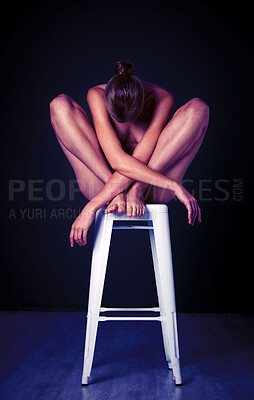 Buy stock photo Art, beauty and body of woman in studio for erotic, mystery and desire on black background space. Girl, chair and creative sitting, posing and gesture for expression, deco and  mysterious aesthetic