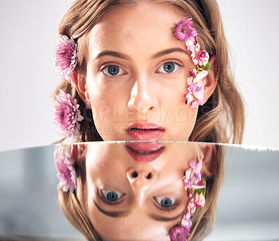 Buy stock photo Beauty face, portrait and mirror woman with flower product, sustainable agriculture and natural skincare reflection. Makeup, nature plant cosmetics and eco friendly girl isolated on studio background