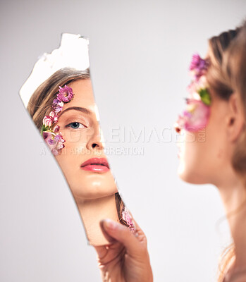 Buy stock photo Beauty, reflection and portrait of a woman with a broken mirror for an insecurity and problem. Mental health, makeup and face of a girl getting ready and looking at face isolated on a background