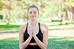 Fitness, yoga and woman in park for meditation to relax for exercise, mindfulness training and workout. Motivation, nature and girl outdoors for zen wellness, peace and meditate for happy mindset