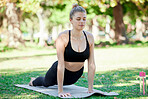 Nature, zen and woman doing yoga in a park for mind, body and spiritual balance and wellness. Zen, health and calm female doing an outdoor morning meditation or pilates exercise in a garden to relax.