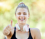 Fitness, thumbs up and portrait of woman with smile in park for wellness, healthy lifestyle and cardio. Sports, motivation and happy girl with hand gesture for exercise goals, training and workout
