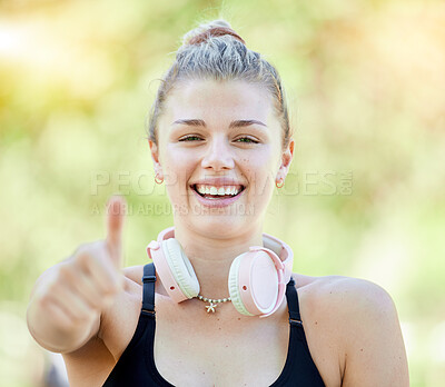 Buy stock photo Fitness, thumbs up and portrait of woman with smile in park for wellness, healthy lifestyle and cardio. Sports, motivation and happy girl with hand gesture for exercise goals, training and workout