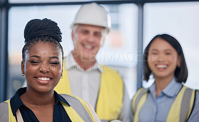 Buy stock photo Engineering, diversity and portrait of a industrial team working on a construction project. Collaboration, multiracial and group of industry workers doing maintenance or repairs at an indoor site.