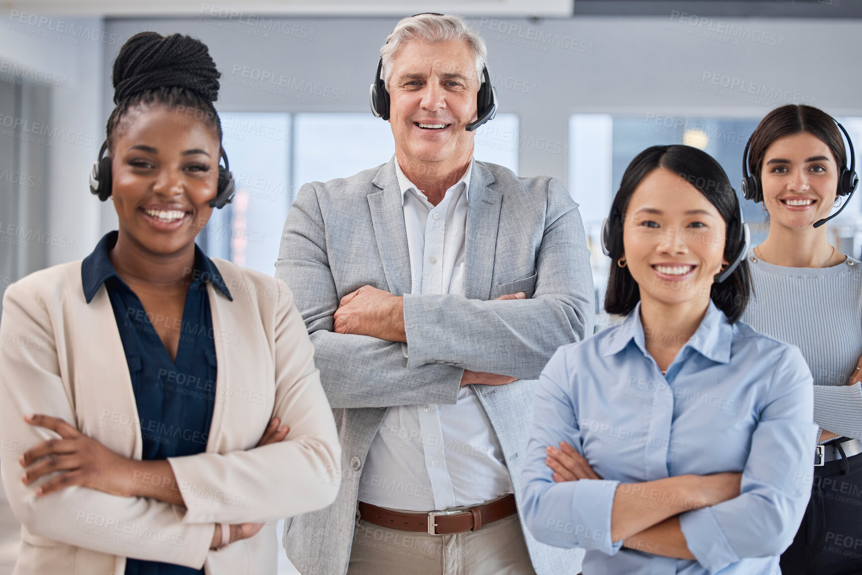 Buy stock photo Call center portrait, consulting or happy team telemarketing on contact us CRM or telecom communication. Customer service diversity, ecommerce group or information technology consultant on microphone