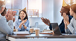 Office party, applause and new year with a business team in the boardroom for celebration together. Meeting, partnership or celebrating with a man and woman employee group clapping in the boardroom