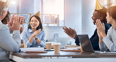Buy stock photo Office party, applause and new year with a business team in the boardroom for celebration together. Meeting, partnership or celebrating with a man and woman employee group clapping in the boardroom