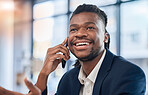 Communication, connection and black man thinking on a phone call for contact and networking. Planning, conversation and African businessman speaking on a mobile for a discussion in the office