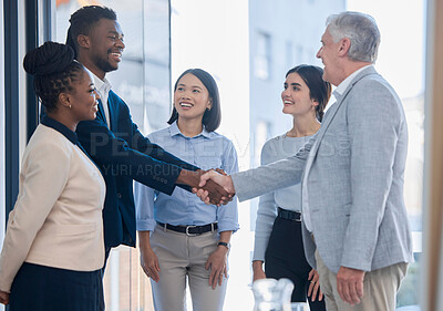 Buy stock photo Hand shake, acquisition and business people happy for investment deal, b2b contract or negotiation agreement. Diversity human resources, hiring welcome or administration job interview with HR manager
