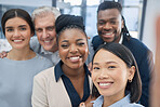 Portrait, diversity and business people with partnership, collaboration and teamwork for advertising campaign. Face, employees or multiracial in workplace, coworkers with joy or new project in office