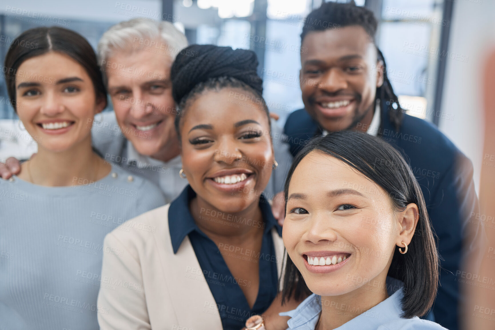 Buy stock photo Portrait, diversity and business people with partnership, collaboration and teamwork for advertising campaign. Face, employees or multiracial in workplace, coworkers with joy or new project in office