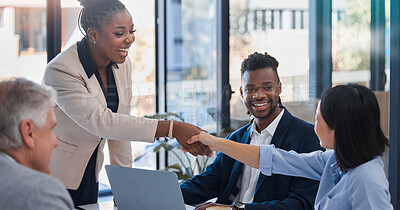 Buy stock photo Handshake, acquisition and business people happy for investment deal, b2b contract or negotiation agreement. Diversity human resources, hiring welcome and administration job interview with HR manager