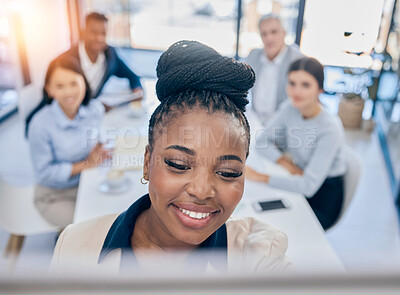 Buy stock photo Black woman, leadership and coach in meeting presentation for business idea, planning or strategy at the office. African American female leader with smile for training or coaching staff in conference