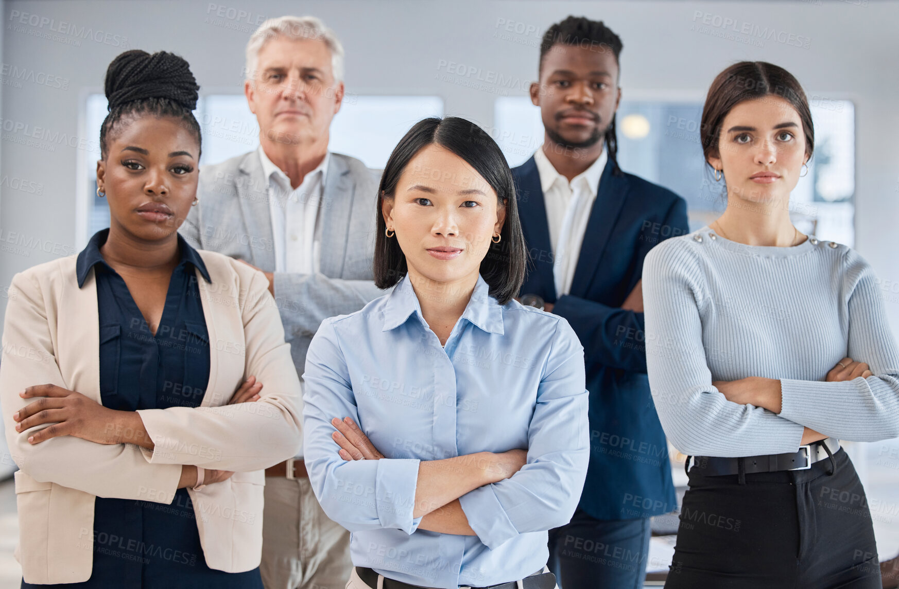 Buy stock photo Portrait, arms crossed and leadership of Asian woman with business people in office for company goals. Teamwork, diversity and group of employees with confident female ceo, vision and success mindset